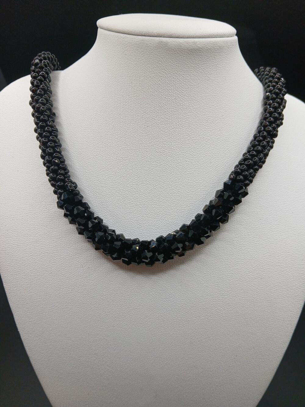 Japanese Kumihimo Black Glass Beaded Rope Necklace